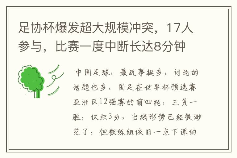 足协杯爆发超大规模冲突，17人参与，比赛一度中断长达8分钟