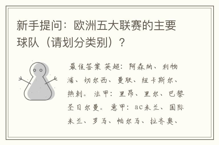 新手提问：欧洲五大联赛的主要球队（请划分类别）？