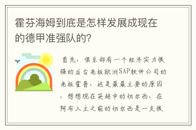 霍芬海姆到底是怎样发展成现在的德甲准强队的？