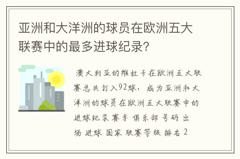 亚洲和大洋洲的球员在欧洲五大联赛中的最多进球纪录？