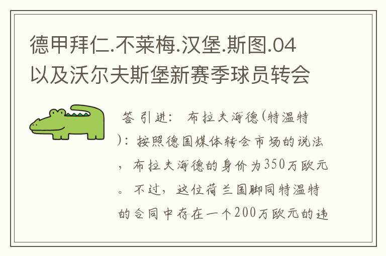 德甲拜仁.不莱梅.汉堡.斯图.04以及沃尔夫斯堡新赛季球员转会一览