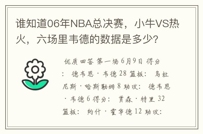 谁知道06年NBA总决赛，小牛VS热火，六场里韦德的数据是多少?