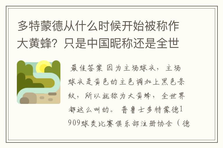 多特蒙德从什么时候开始被称作大黄蜂？只是中国昵称还是全世界范围都这么称呼