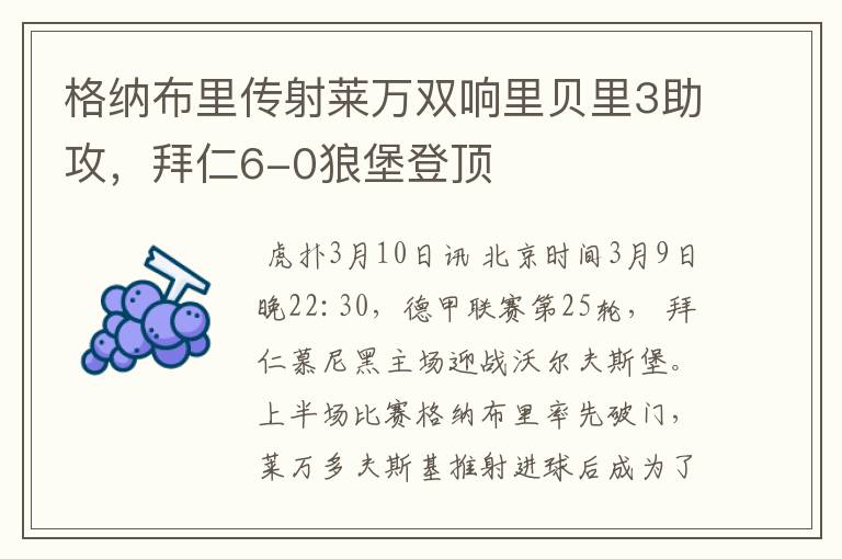 格纳布里传射莱万双响里贝里3助攻，拜仁6-0狼堡登顶