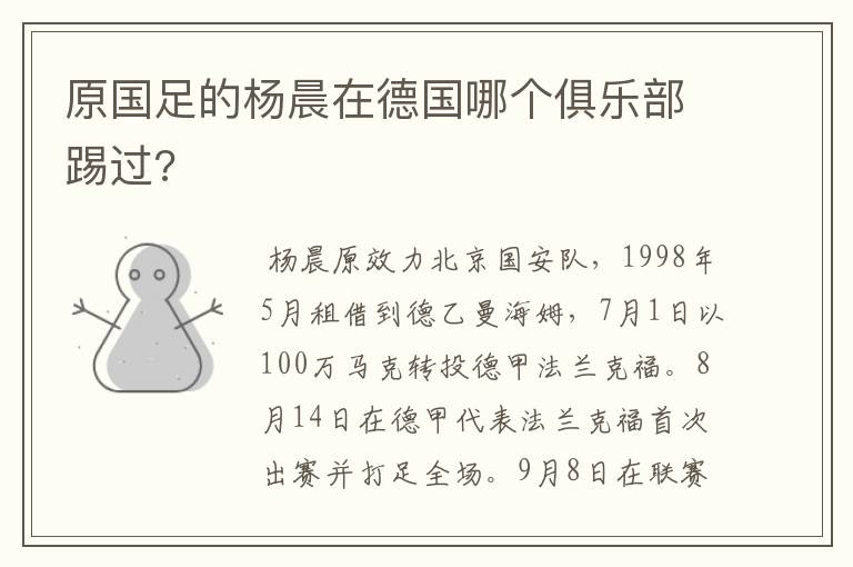 原国足的杨晨在德国哪个俱乐部踢过?