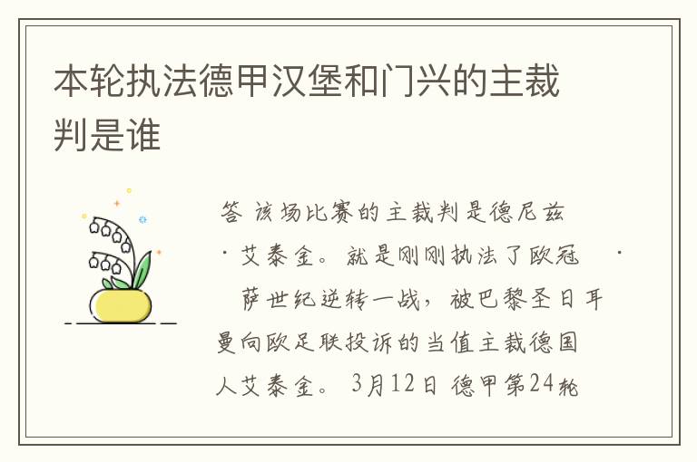 本轮执法德甲汉堡和门兴的主裁判是谁