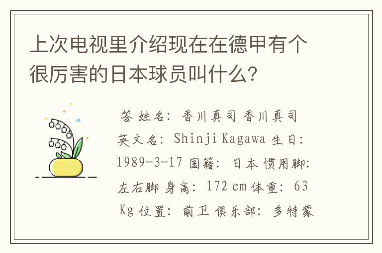 上次电视里介绍现在在德甲有个很厉害的日本球员叫什么？