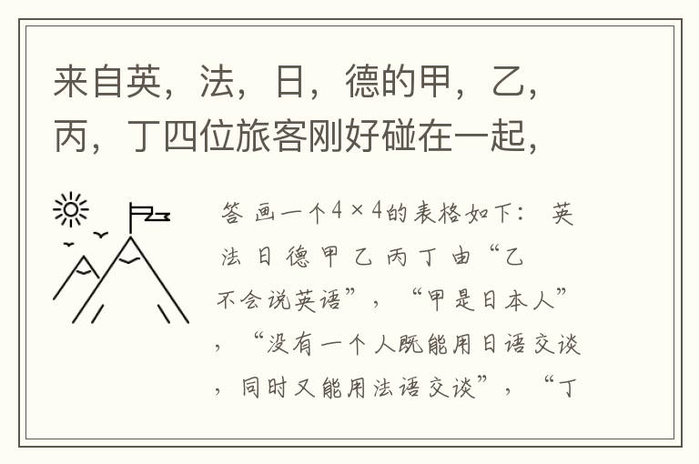 来自英，法，日，德的甲，乙，丙，丁四位旅客刚好碰在一起，他们除了懂中国语言外，每人还会说其它三国语