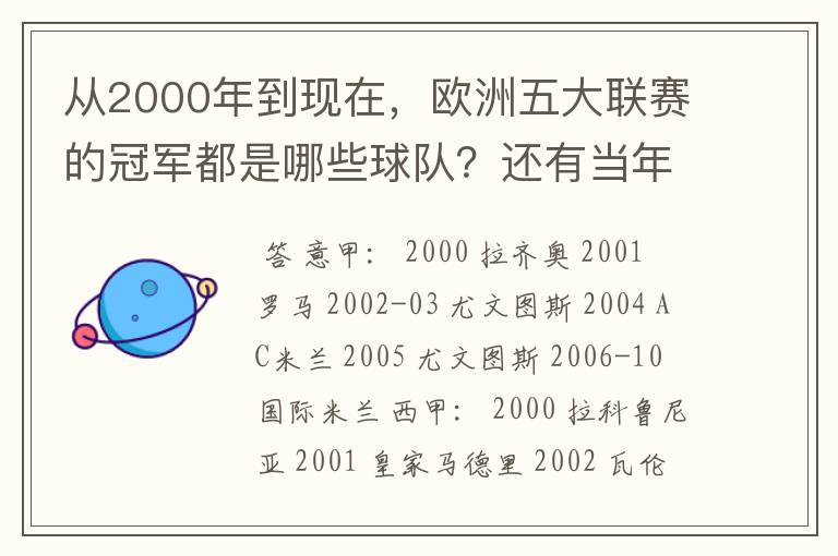 从2000年到现在，欧洲五大联赛的冠军都是哪些球队？还有当年的欧冠冠军。