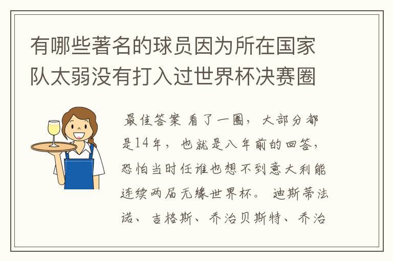 有哪些著名的球员因为所在国家队太弱没有打入过世界杯决赛圈呢？