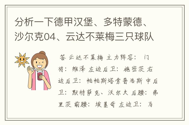 分析一下德甲汉堡、多特蒙德、沙尔克04、云达不莱梅三只球队的人员打法和阵型