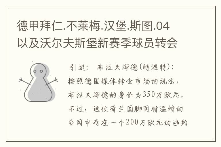 德甲拜仁.不莱梅.汉堡.斯图.04以及沃尔夫斯堡新赛季球员转会一览