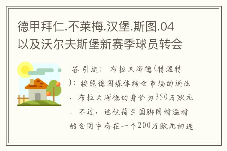 德甲拜仁.不莱梅.汉堡.斯图.04以及沃尔夫斯堡新赛季球员转会一览