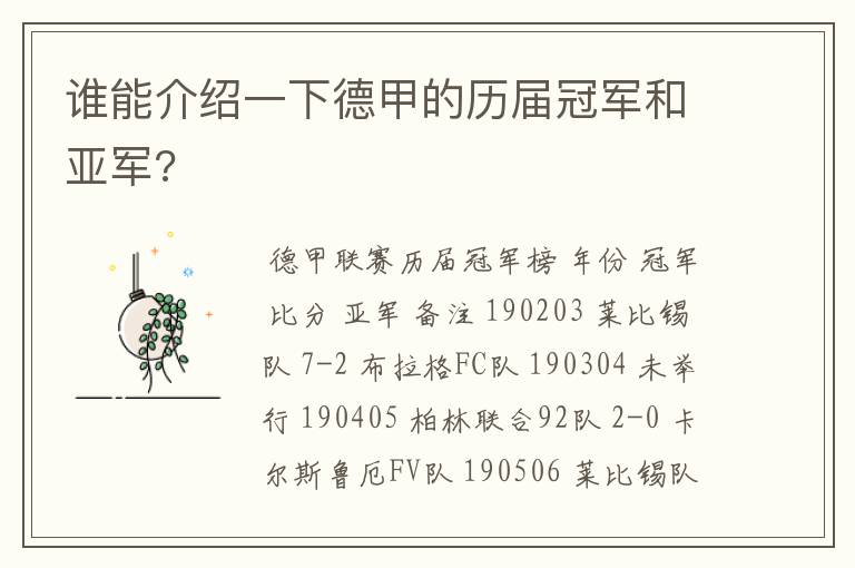 谁能介绍一下德甲的历届冠军和亚军?