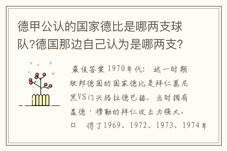 德甲公认的国家德比是哪两支球队?德国那边自己认为是哪两支？