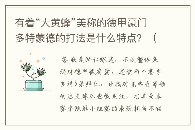 有着“大黄蜂”美称的德甲豪门多特蒙德的打法是什么特点？（请多特蒙德资深球迷回答）