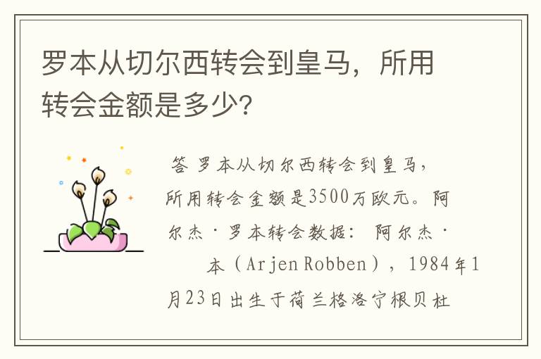 罗本从切尔西转会到皇马，所用转会金额是多少?