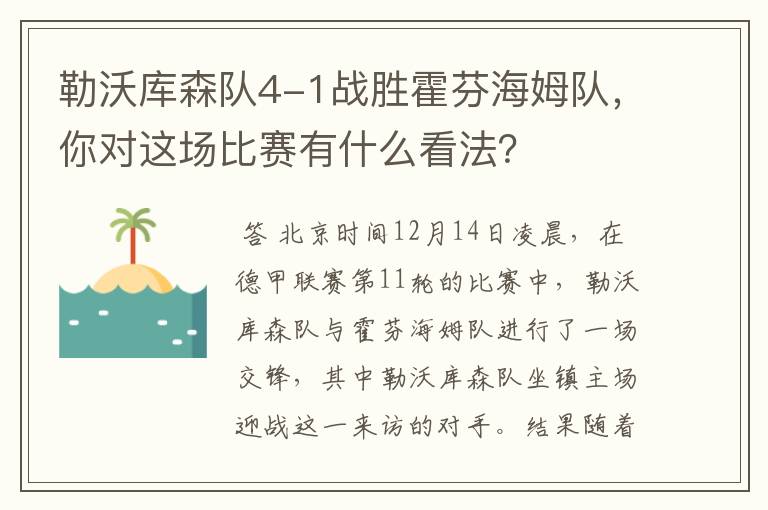 勒沃库森队4-1战胜霍芬海姆队，你对这场比赛有什么看法？