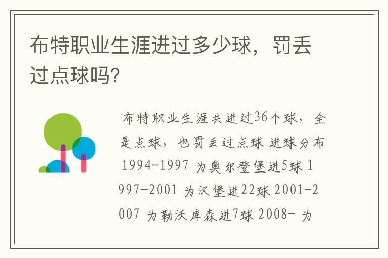 布特职业生涯进过多少球，罚丢过点球吗？