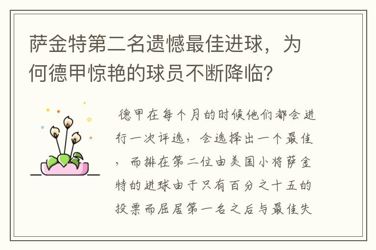 萨金特第二名遗憾最佳进球，为何德甲惊艳的球员不断降临？