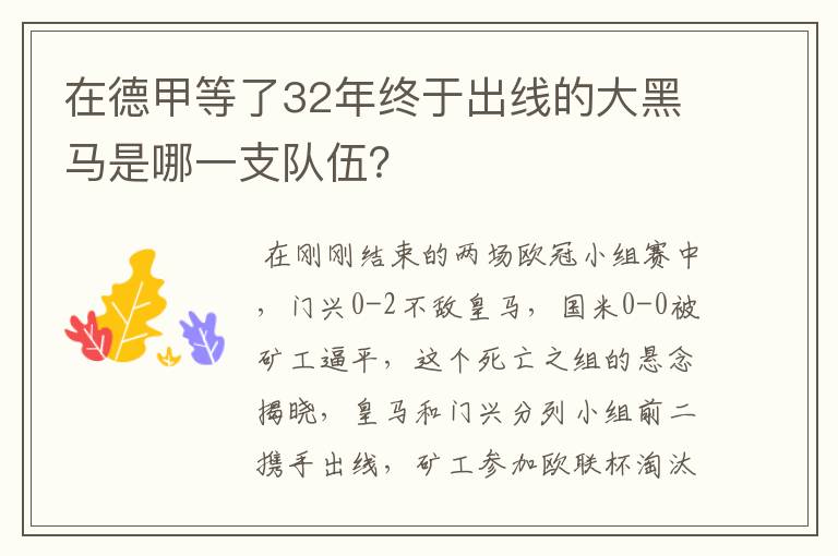 在德甲等了32年终于出线的大黑马是哪一支队伍？