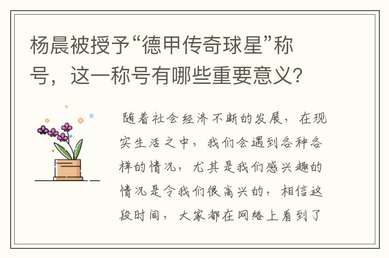 杨晨被授予“德甲传奇球星”称号，这一称号有哪些重要意义？