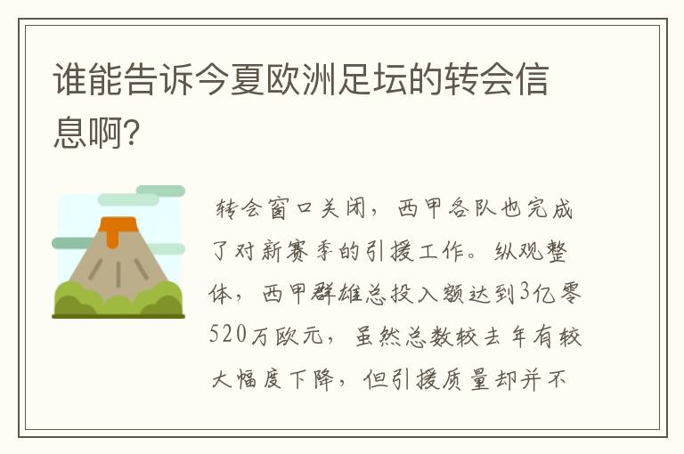 谁能告诉今夏欧洲足坛的转会信息啊？