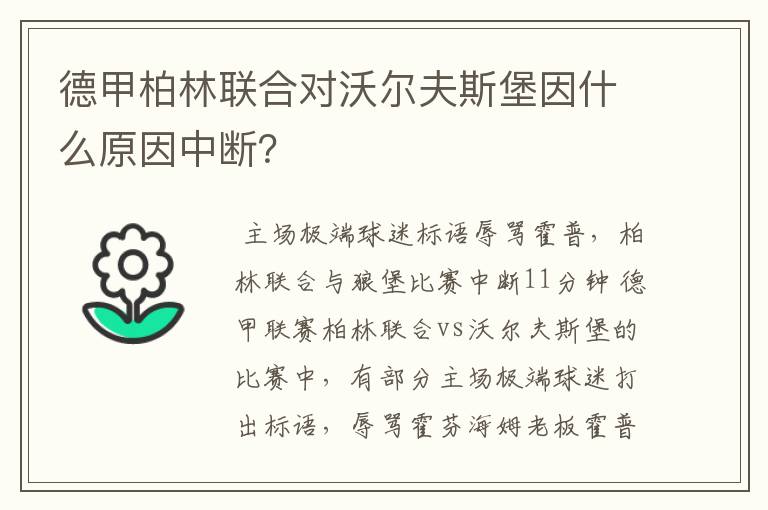 德甲柏林联合对沃尔夫斯堡因什么原因中断？