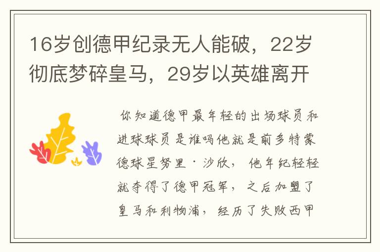 16岁创德甲纪录无人能破，22岁彻底梦碎皇马，29岁以英雄离开多特