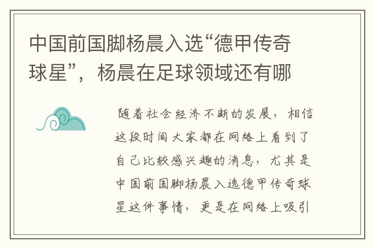 中国前国脚杨晨入选“德甲传奇球星”，杨晨在足球领域还有哪些成就？