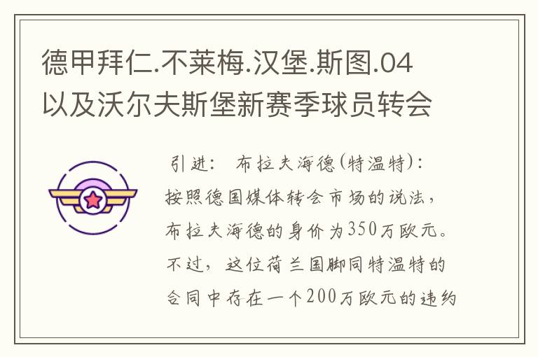 德甲拜仁.不莱梅.汉堡.斯图.04以及沃尔夫斯堡新赛季球员转会一览