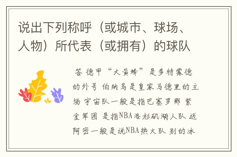 说出下列称呼（或城市、球场、人物）所代表（或拥有）的球队: 德甲“大黄蜂” 伯纳乌 宇宙队 紫