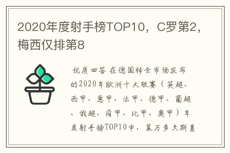 2020年度射手榜TOP10，C罗第2，梅西仅排第8