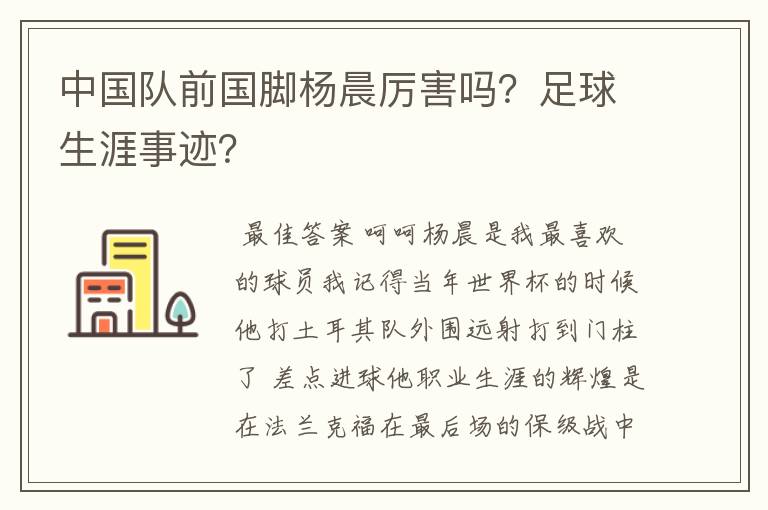 中国队前国脚杨晨厉害吗？足球生涯事迹？