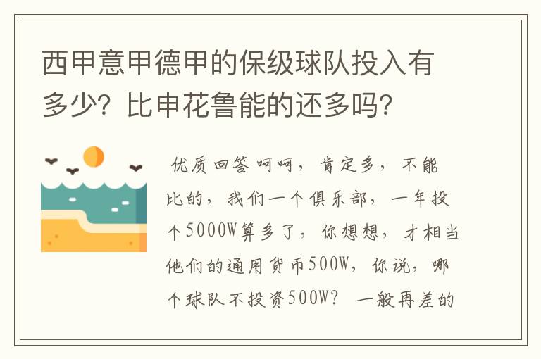 西甲意甲德甲的保级球队投入有多少？比申花鲁能的还多吗？