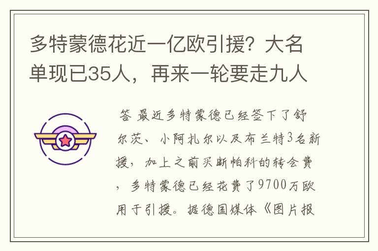 多特蒙德花近一亿欧引援？大名单现已35人，再来一轮要走九人