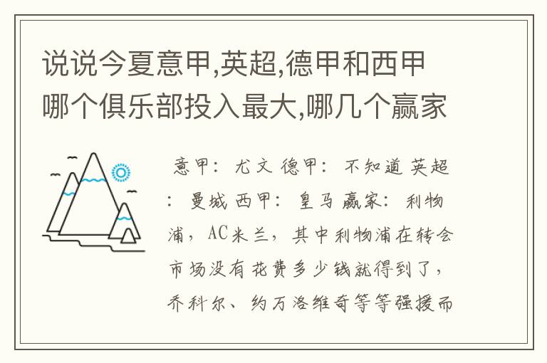 说说今夏意甲,英超,德甲和西甲哪个俱乐部投入最大,哪几个赢家