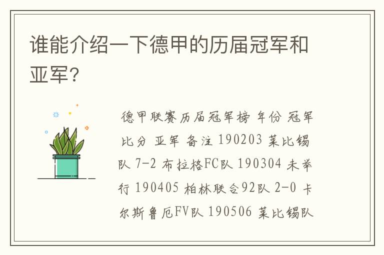 谁能介绍一下德甲的历届冠军和亚军?