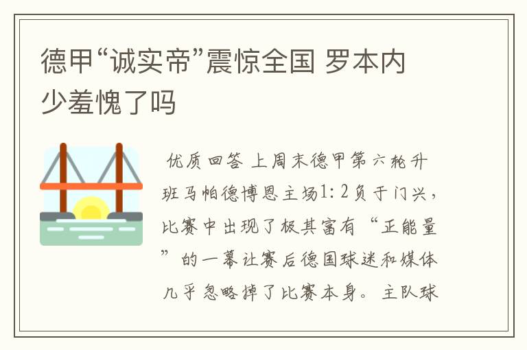 德甲“诚实帝”震惊全国 罗本内少羞愧了吗