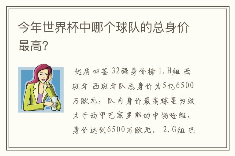 今年世界杯中哪个球队的总身价最高？