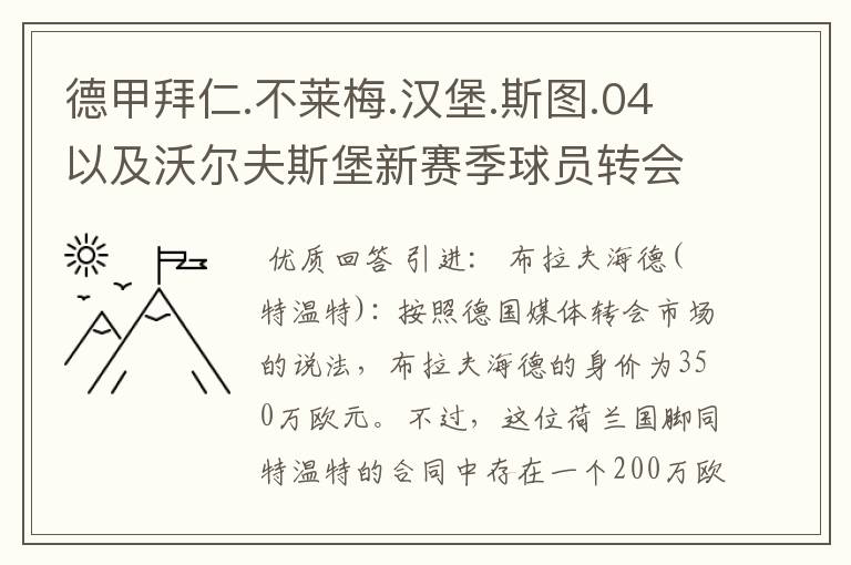 德甲拜仁.不莱梅.汉堡.斯图.04以及沃尔夫斯堡新赛季球员转会一览