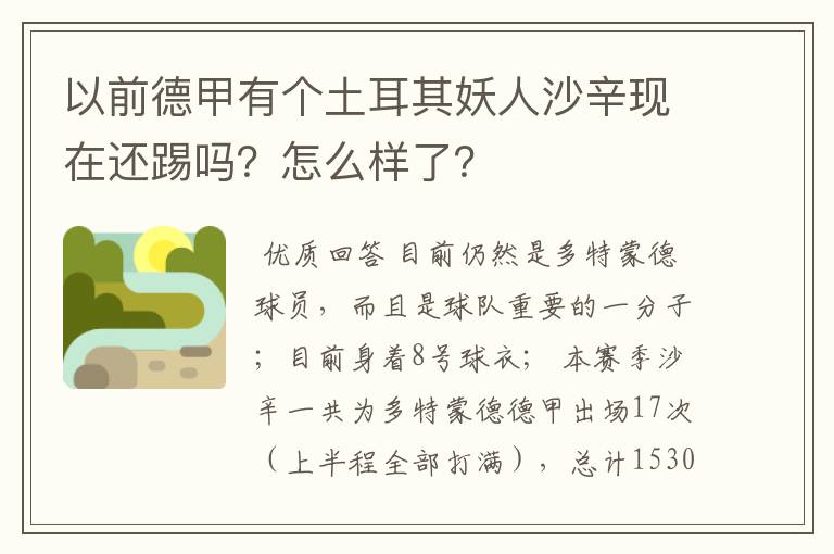 以前德甲有个土耳其妖人沙辛现在还踢吗？怎么样了？