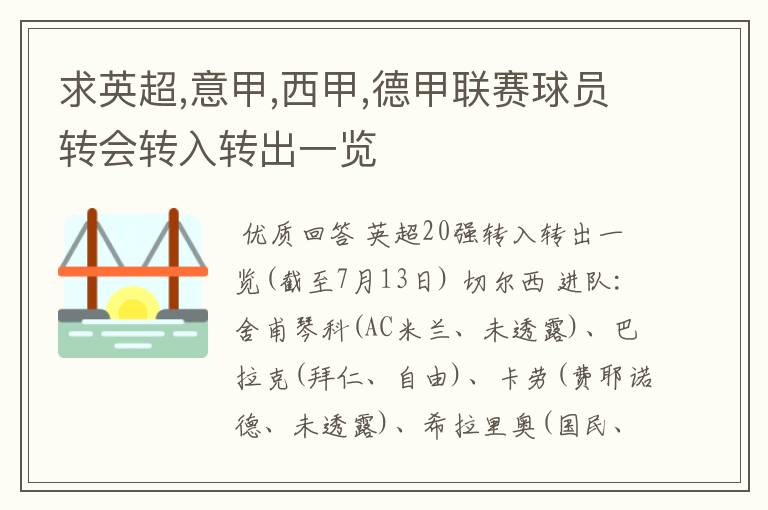 求英超,意甲,西甲,德甲联赛球员转会转入转出一览