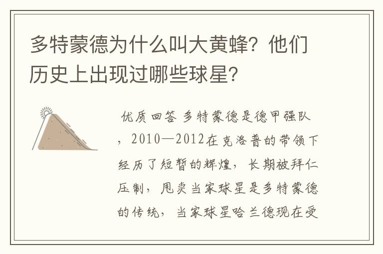 多特蒙德为什么叫大黄蜂？他们历史上出现过哪些球星？