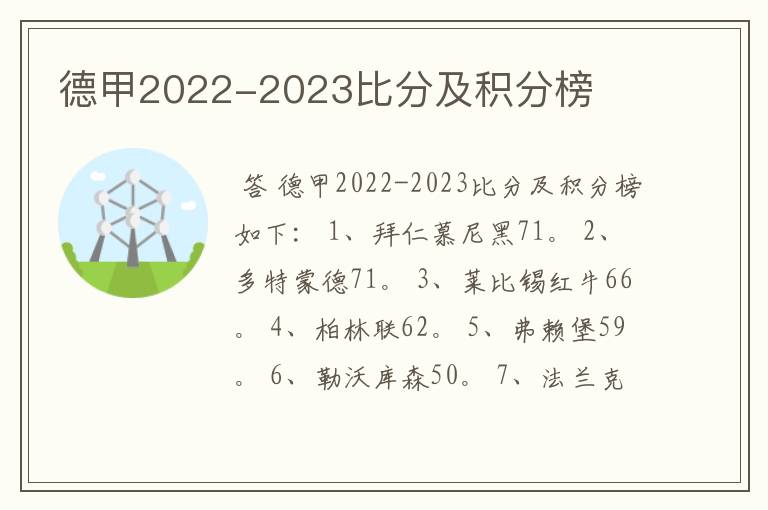 德甲2022-2023比分及积分榜