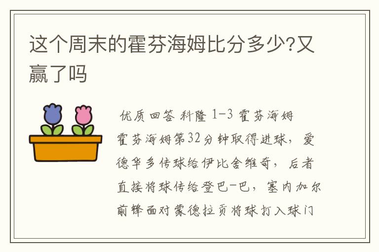 这个周末的霍芬海姆比分多少?又赢了吗