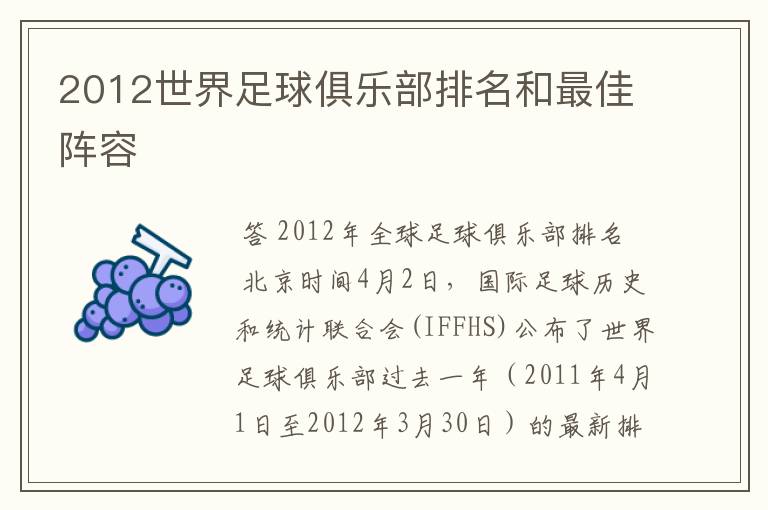 2012世界足球俱乐部排名和最佳阵容