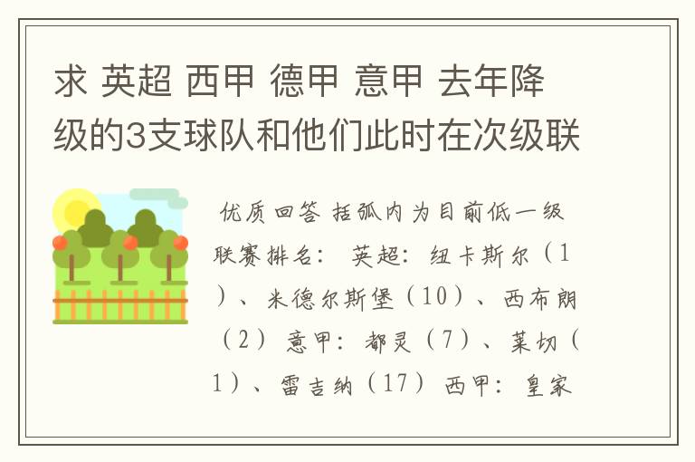 求 英超 西甲 德甲 意甲 去年降级的3支球队和他们此时在次级联赛的排名