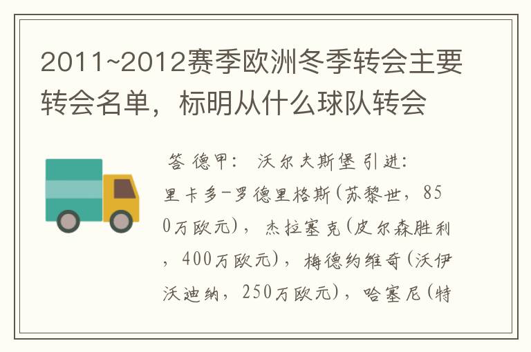 2011~2012赛季欧洲冬季转会主要转会名单，标明从什么球队转会到什么球队，多谢~