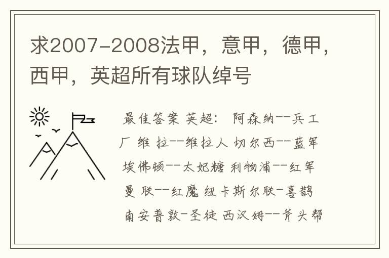 求2007-2008法甲，意甲，德甲，西甲，英超所有球队绰号